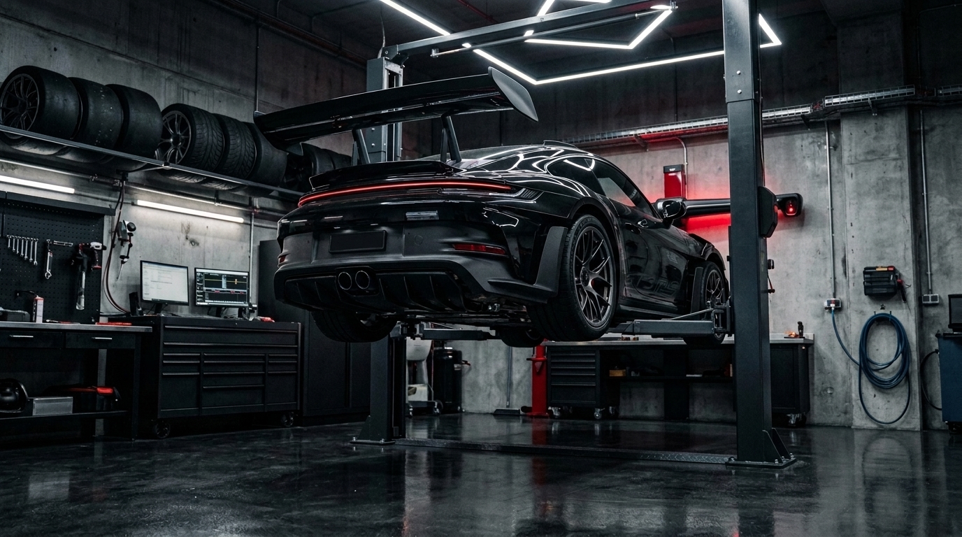 High-performance tuning garage featuring customized drag vehicles