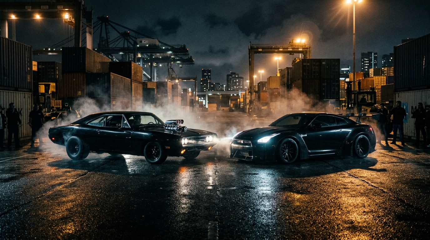 High stakes drag racing showdown in an industrial district