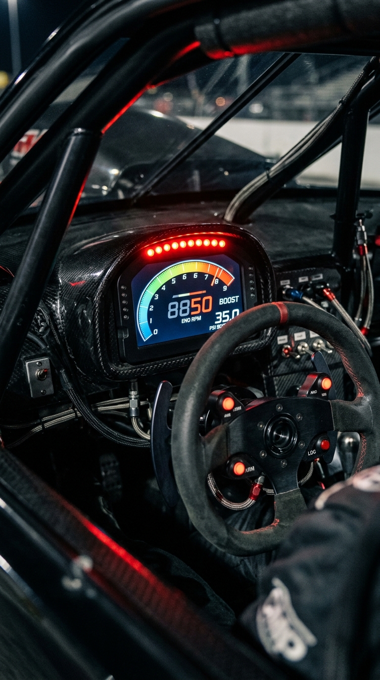 Digital drag racing instrument cluster showing boost pressure and shift light at redline
